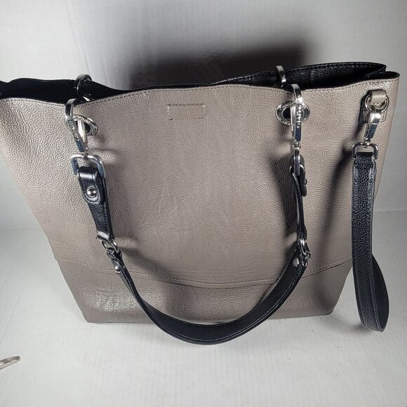 Calvin Klein Classic Work Travel Gray & Black Leather Tote Bag With Pouch Set - Picture 6 of 16